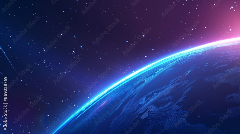 In this 3D fantasy solar ray outer realistic effect, there are a purple planet and sun eclipse light on the space horizon background. Abstract blue sunrise in starry sky with flare at night with a In this 3D fantasy solar ray outer realistic effect, there are a purple planet and sun eclipse light on the space horizon background. Abstract blue sunrise in starry sky with flare at night with a