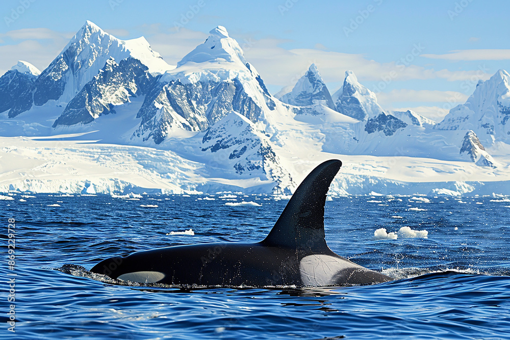 Fototapeta premium Orca swimming in Antarctic waters with snow-covered mountains in the background. The scene captures the beauty and majesty of marine wildlife and polar regions.