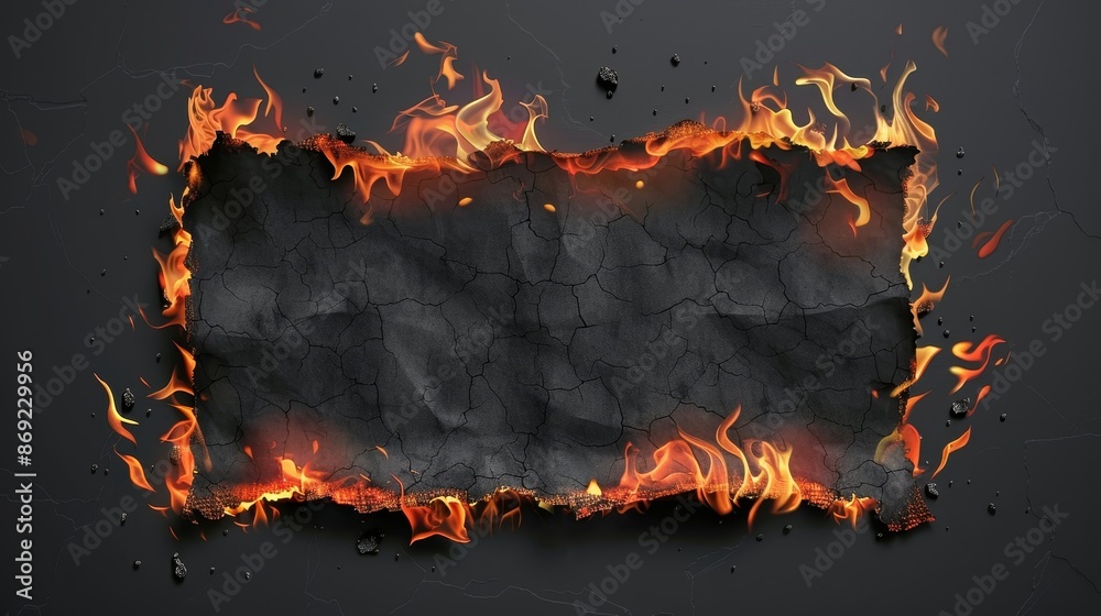 Fire modern effect isolated on burnt paper. Realistic burnt sheet texture with flame border and black ash on transparent background. 3d set of flammable damage rectangle notes. Fire modern effect isolated on burnt paper. Realistic burnt sheet texture with flame border and black ash on transparent background. 3d set of flammable damage rectangle notes.