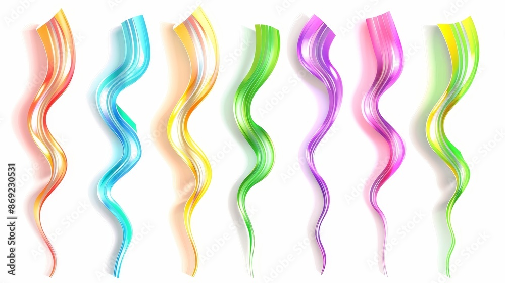 Colorful set of 3D spiral lines isolated on transparent background. Abstract design elements, glossy plastic tubes with paint inside, and creative zigzag decoration. Colorful set of 3D spiral lines isolated on transparent background. Abstract design elements, glossy plastic tubes with paint inside, and creative zigzag decoration.