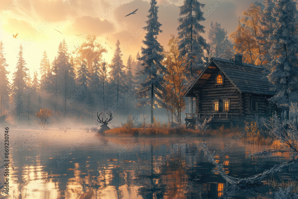 Fototapeta premium In the evening, the lake at the foot of the mountain and the small wooden houses on the shore