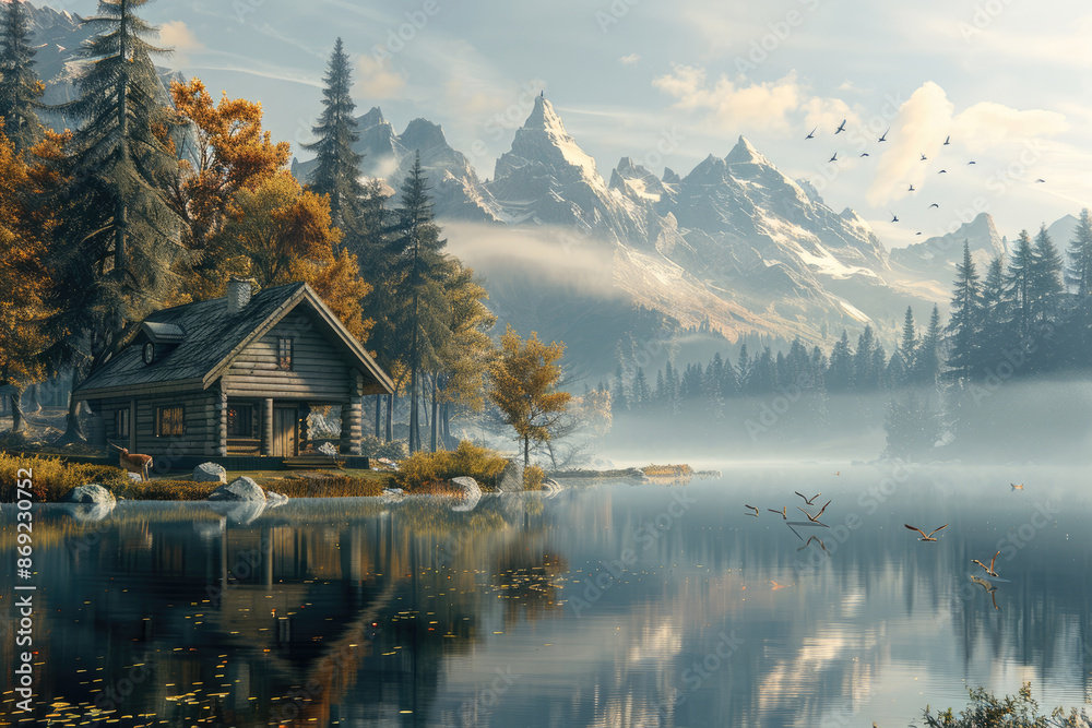 Obraz premium In the evening, the lake at the foot of the mountain and the small wooden houses on the shore
