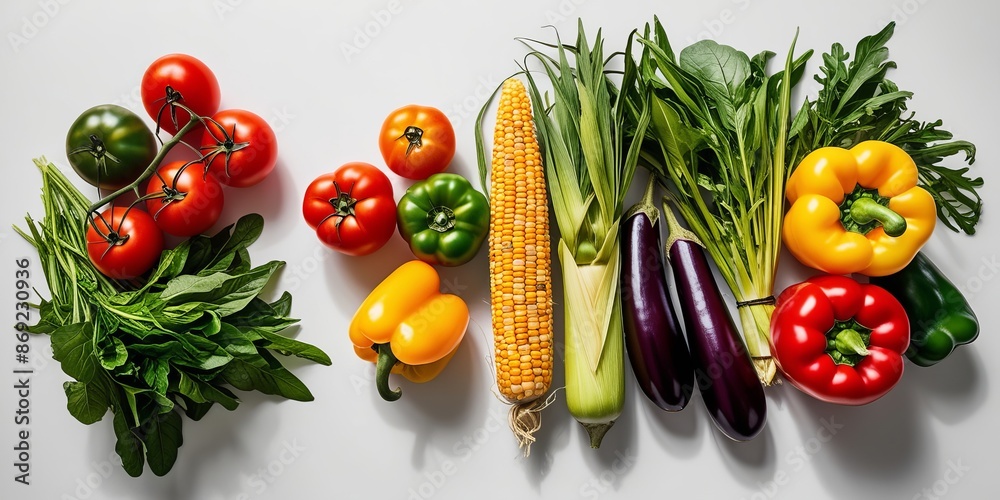 Flat lay of fresh organic vegetables, spinach, bell peppers, corn, eggplants, tomatoes, and leafy greens on white background. For promoting healthy eating, organic produce, and culinary creativity Flat lay of fresh organic vegetables, spinach, bell peppers, corn, eggplants, tomatoes, and leafy greens on white background. For promoting healthy eating, organic produce, and culinary creativity