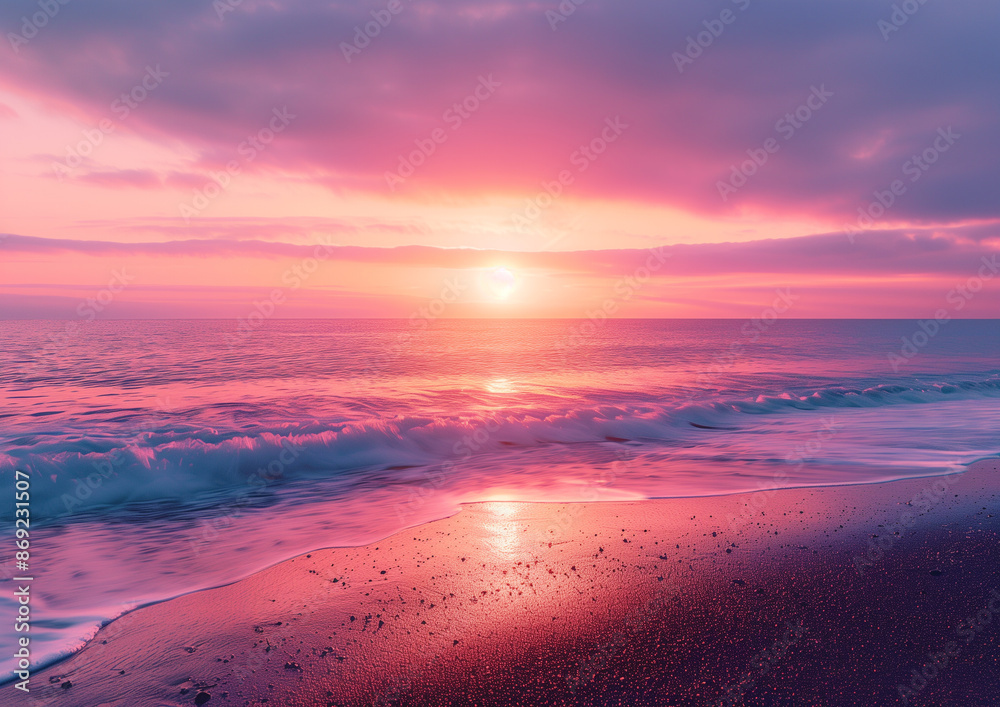 Pink and purple sunset over a calm beach Pink and purple sunset over a calm beach