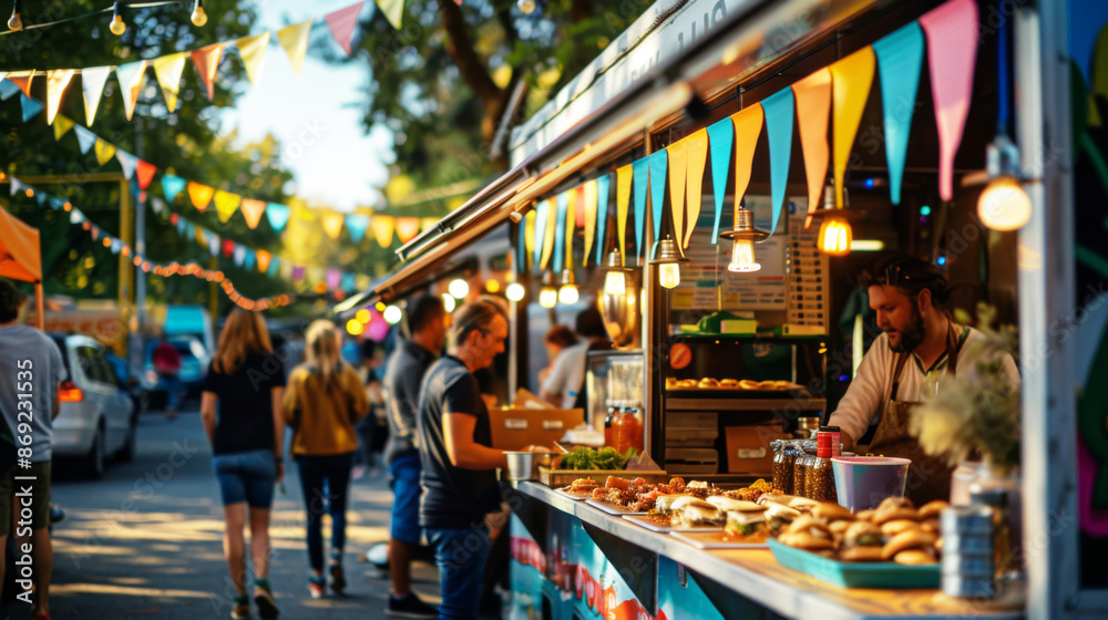 Obraz premium Diverse cuisine kiosk at a cultural festival serving fresh, vibrant foods under festive pennant banners, embodying a lively outdoor culinary experience. People walking and trying on street food.