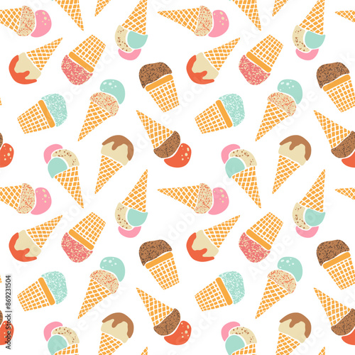 Vector ice-cream waffle cones seamless pattern. Colorful flavored fruit, vanilla and chocolate gelato repeat design on white background. Hand drawn retro pastel textured summer frozen dessert