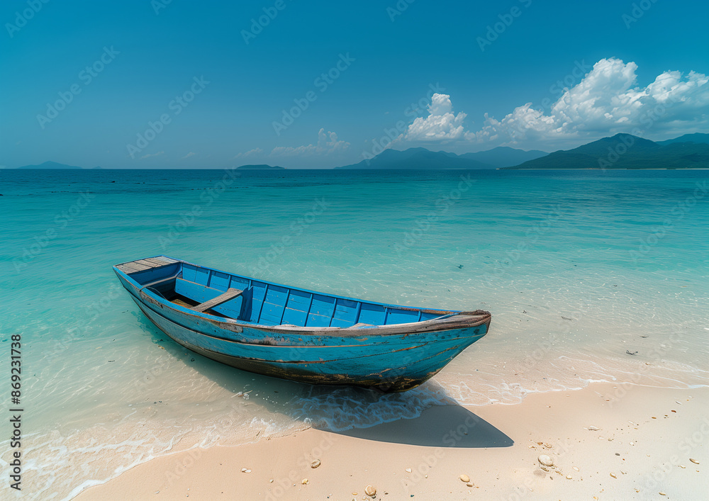 Blue wooden boat on a tropical beach Blue wooden boat on a tropical beach