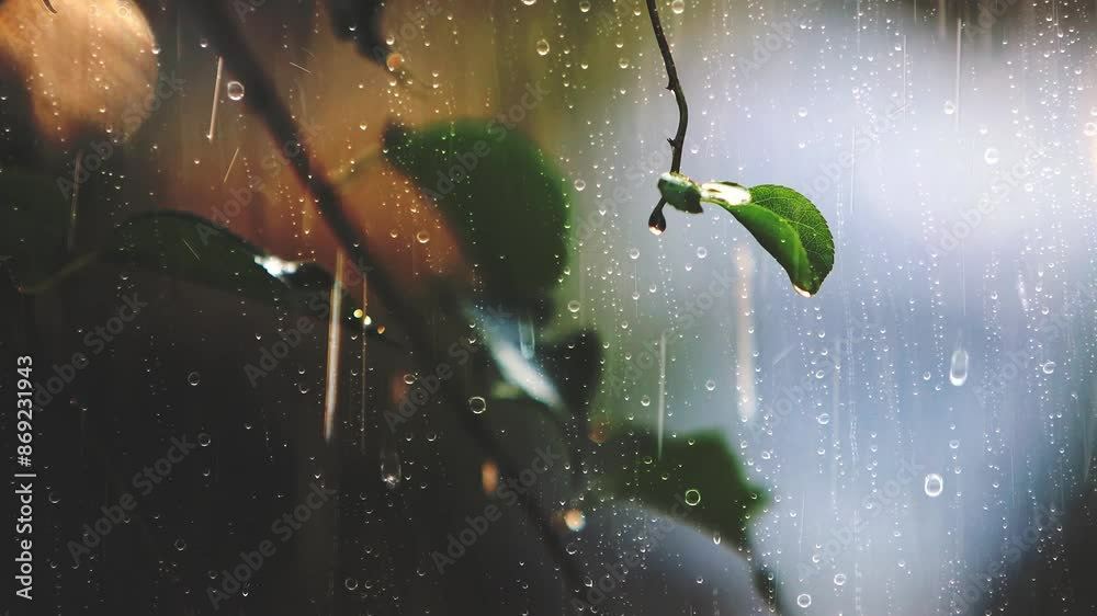 Rain and raindrops falling on the leaves outside the window, raindrops and the sound of rain hitting the window ASMR
