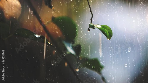 Rain and raindrops falling on the leaves outside the window, raindrops and the sound of rain hitting the window ASMR
