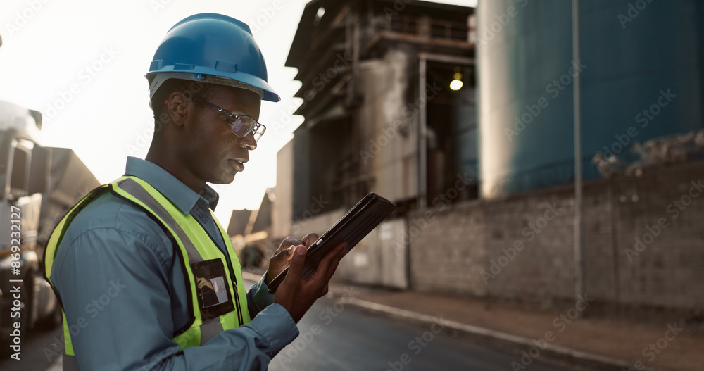 Construction, planning and black man on tablet in city for inspection, building and maintenance. Civil engineering, architecture and person on tech for project, infrastructure and manufacturing Construction, planning and black man on tablet in city for inspection, building and maintenance. Civil engineering, architecture and person on tech for project, infrastructure and manufacturing