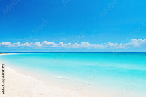 Summer vacation, tropical beach with blue sky and sea for relaxation, panoramic beach background, summer holiday with beautiful nature sand, sunlight, ocean water with Generative AI 