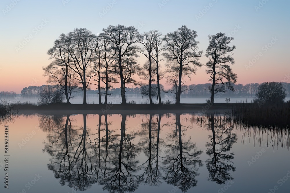 Quite morning sunrise, reflection on water, trees, clear sky, neutral emotional colours, lake Quite morning sunrise, reflection on water, trees, clear sky, neutral emotional colours, lake
