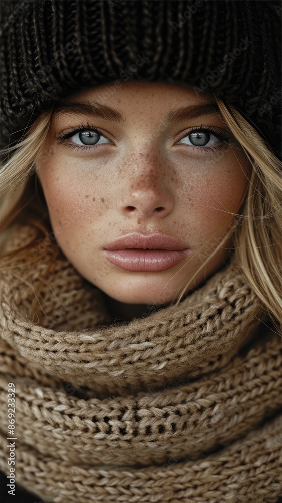 A young woman wearing a hat and a golden scarf A young woman wearing a hat and a golden scarf