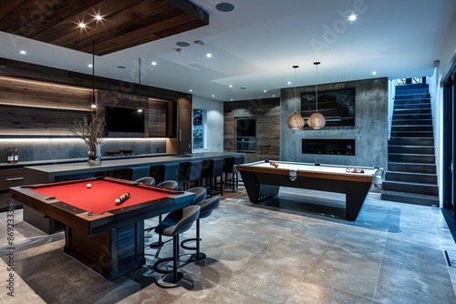 A Modern Game Room Featuring a Pool Table and Bar Area