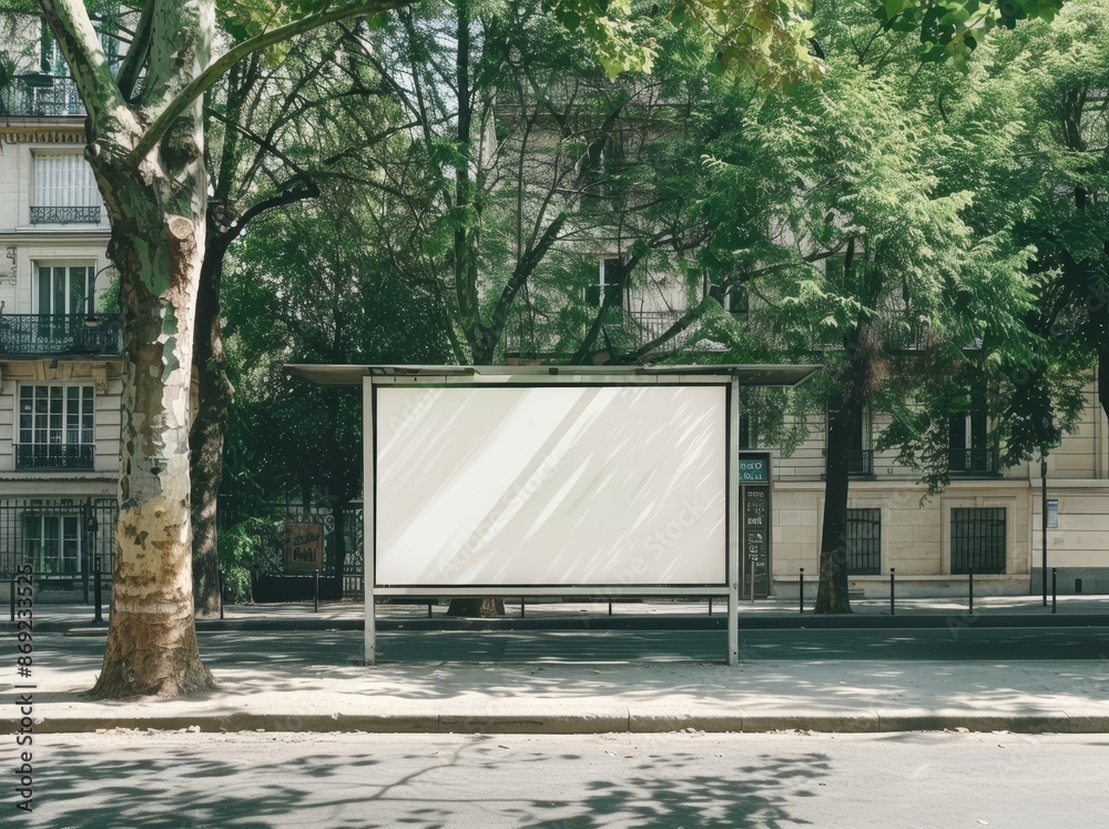 Parisian style hoarding advertisement near a park in an empty street in Paris. Parisian style hoarding advertisement near a park in an empty street in Paris.