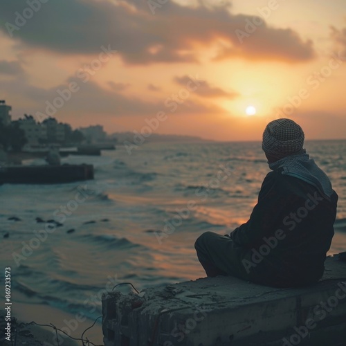 A Gazan fisherman looking out at the sea amidst a blockade. Golden sunset light. Blockaded coast background.   photo