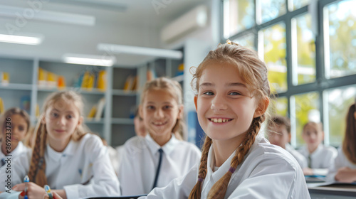 A group of young girls in white shirts are sitting in a classroom, smiling and looking at the camera. Back to school. The scene is fun and friendly