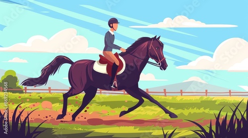 The equestrian sport training is cartoon modern horseman running in the field with saddle and bridle. The horse school dressage is over a countryside with a jockey in ammunition on the racecourse.