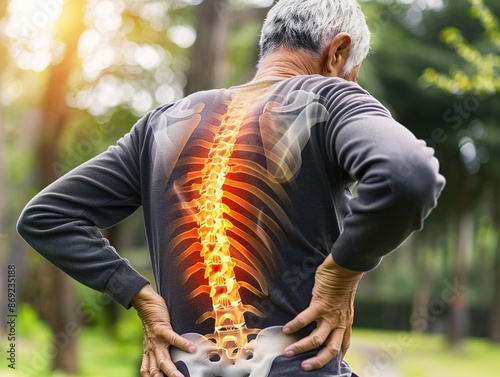 Hyper Realistic Photo of Older Man with Lumbar Pain, Digital Composite with Copy Space.Copy space, 4k HD, lumbar spine, joint health concept photo