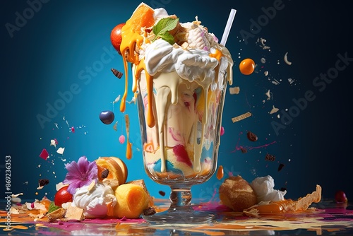 Delicious freak shakes on table. Freaked milkshake or overshake photo