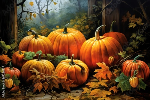 Assortment of Pumpkins Small Large Different Colors Outside Digital Painting photo