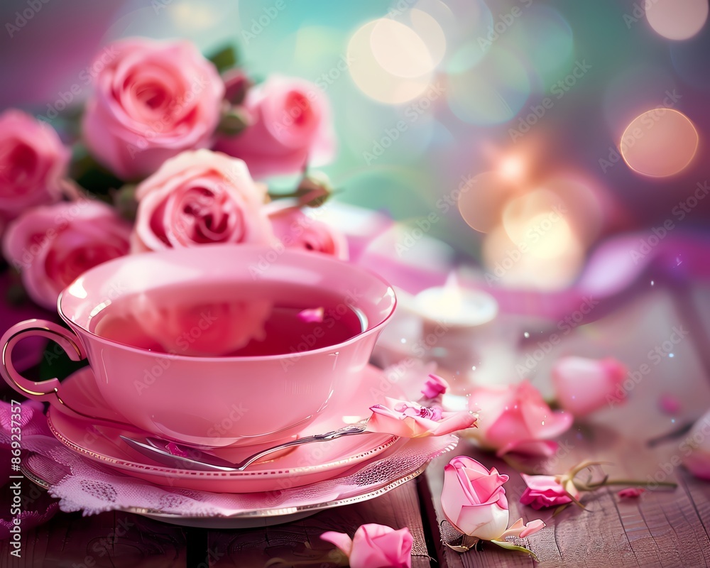 A romantic setting with rose tea in a vintage teacup, a bouquet of roses in the background, soft focus and warm tones A romantic setting with rose tea in a vintage teacup, a bouquet of roses in the background, soft focus and warm tones
