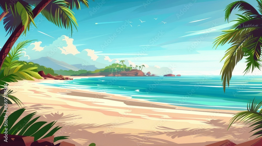 Tropical palm landscape with tropical beach scene. Ocean summer scene and lagoon shore holiday adventure paradise. Jungle coastline horizon view on a sunny day. Vacay coast and seascape design Tropical palm landscape with tropical beach scene. Ocean summer scene and lagoon shore holiday adventure paradise. Jungle coastline horizon view on a sunny day. Vacay coast and seascape design