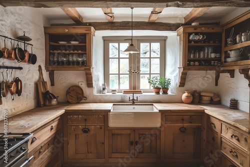 Warm and Inviting Rustic Kitchen with Wooden Cabinetry and a Spacious Farmhouse Sink © Marika