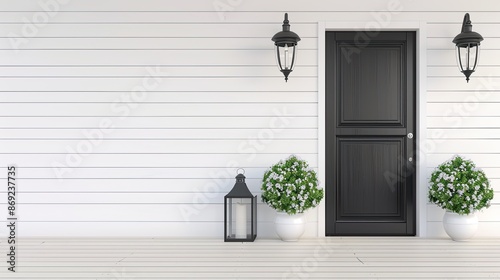 A black front door with a black doormat, two potted trees, and two lanterns on the white siding of a house photo