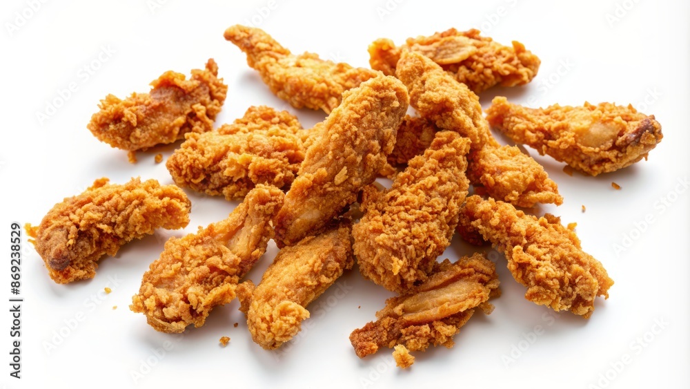 A Pile Of Delicious, Crispy Fried Chicken Tenders Isolated On A White Background. A Pile Of Delicious, Crispy Fried Chicken Tenders Isolated On A White Background.