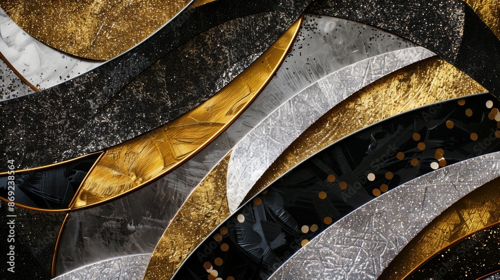 Luxurious abstract design with metallic hues and glitter, offering a sophisticated, glamorous visual.