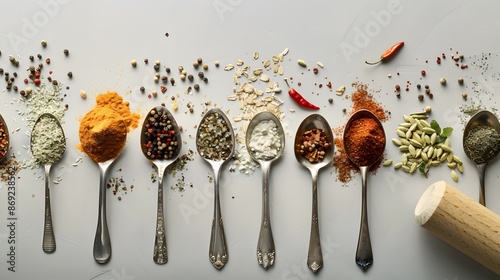 Fototapeta Naklejka Na Ścianę i Meble -  various spoon of spices, seasonings, and herbs, creating a true culinary kaleidoscope.
