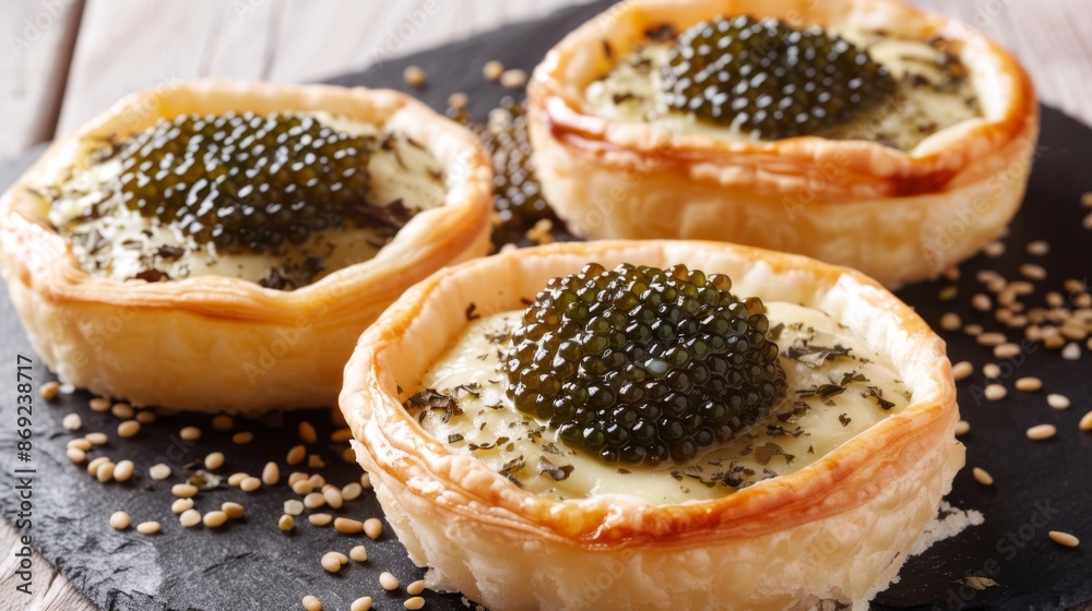 Gourmet Tartlets with Caviar and Cream Cheese on Wooden Table Gourmet Tartlets with Caviar and Cream Cheese on Wooden Table