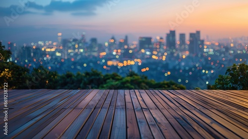 Wooden deck overlooking city skyline sunset blurred background urban view evening serene