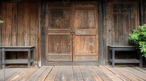 Old closed wooden windows and wall of traditional Thai house. Closeup textured background.