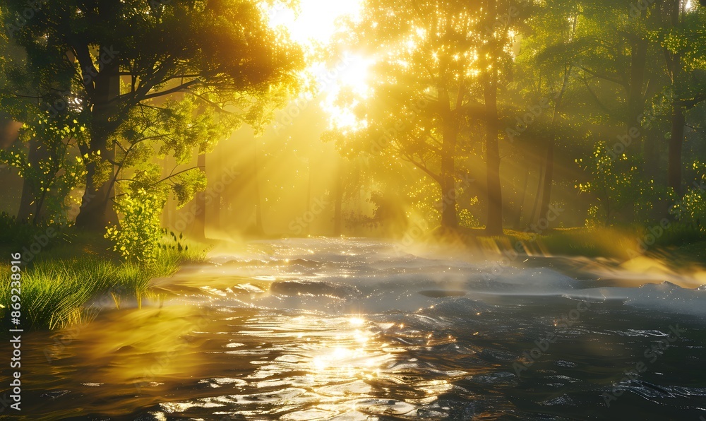 Golden light shining on wild river flowing down , Generative AI Golden light shining on wild river flowing down , Generative AI