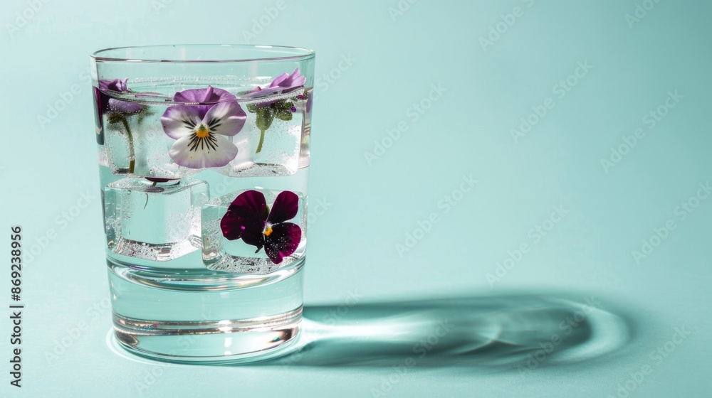 Refreshing Floral Infused Beverage in Glass with Ice Cubes Refreshing Floral Infused Beverage in Glass with Ice Cubes