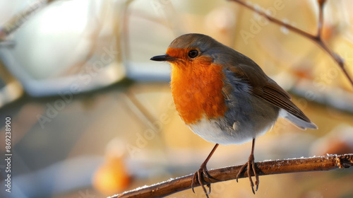 Vibrant Robin on a Frosty Branch in Golden Morning Light