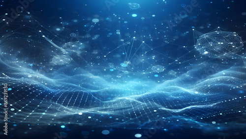 Blue abstract background with network grid and particles