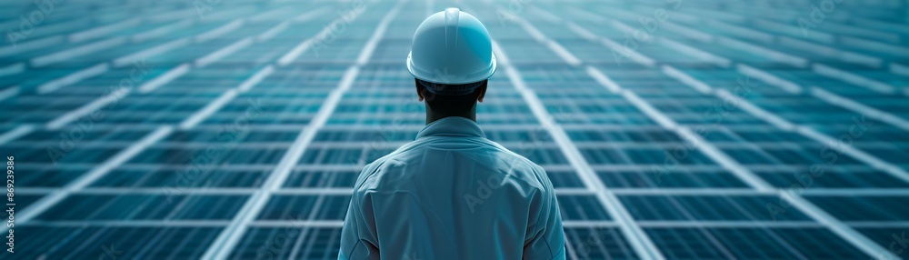 Engineer examines large solar panel field, promoting renewable energy and technology for a sustainable future. Rear view, outdoor scene. Engineer examines large solar panel field, promoting renewable energy and technology for a sustainable future. Rear view, outdoor scene.