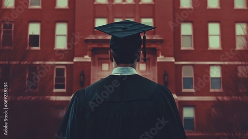 Graduate in cap and gown standing in front of a brick building, ready for commencement. Symbol of achievement and new beginnings.