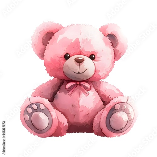 Cute Pink Watercolor Teddy Bear Toy Accessory Isolated on White Background © yelosole