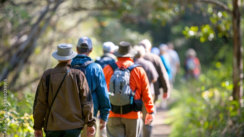 Group of Hikers Walking through Lush Green Trail in Daylight