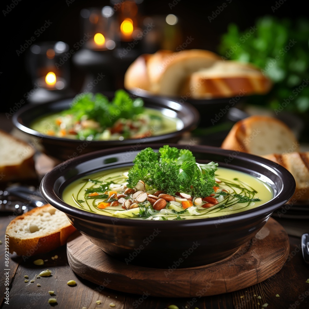 A beautifully plated vegan vegetable soup served in elegant bowls, garnished with fresh parsley. Contains diced zucchini, broccoli florets, cauliflower florets, bell peppers, and sliced leeks A beautifully plated vegan vegetable soup served in elegant bowls, garnished with fresh parsley. Contains diced zucchini, broccoli florets, cauliflower florets, bell peppers, and sliced leeks