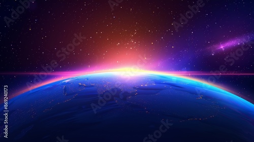 An illustration with a bright light on the horizon of a dark planet. A modern real illustration of a blue galaxy with starry night sky behind it, the sun shining behind the earth. A background from a