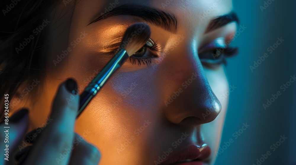 Fototapeta premium Extreme_close-up_of_woman_using_makeup_brush