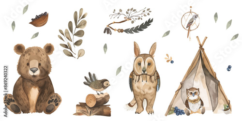 Watercolor boho animal set with a bear, rabbit and bird wearing Indian feather headbands near a teepee tent with firewood and blueberries isolated on a white background.