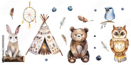 Watercolor boho animal set with a bear, rabbit and bird wearing Indian feather headbands near a teepee tent with firewood and blueberries isolated on a white background.