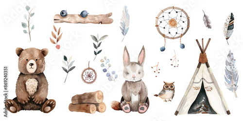 Watercolor boho animal set with a bear, rabbit and bird wearing Indian feather headbands near a teepee tent with firewood and blueberries isolated on a white background.