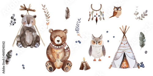 Watercolor boho animal set with a bear, rabbit and bird wearing Indian feather headbands near a teepee tent with firewood and blueberries isolated on a white background.